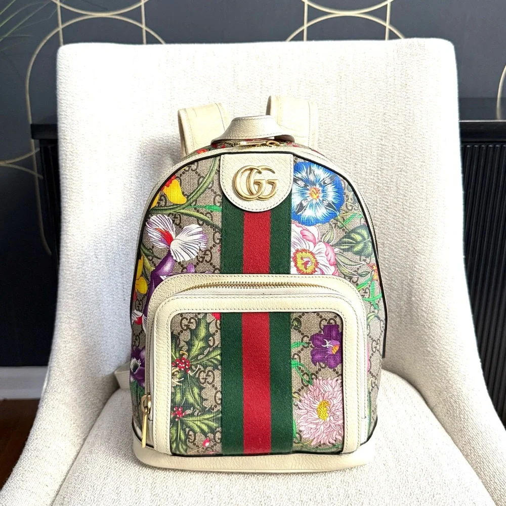 Authentic Gucci Ophidia GG Supreme Flora Backpack bag white leather gold GG logo